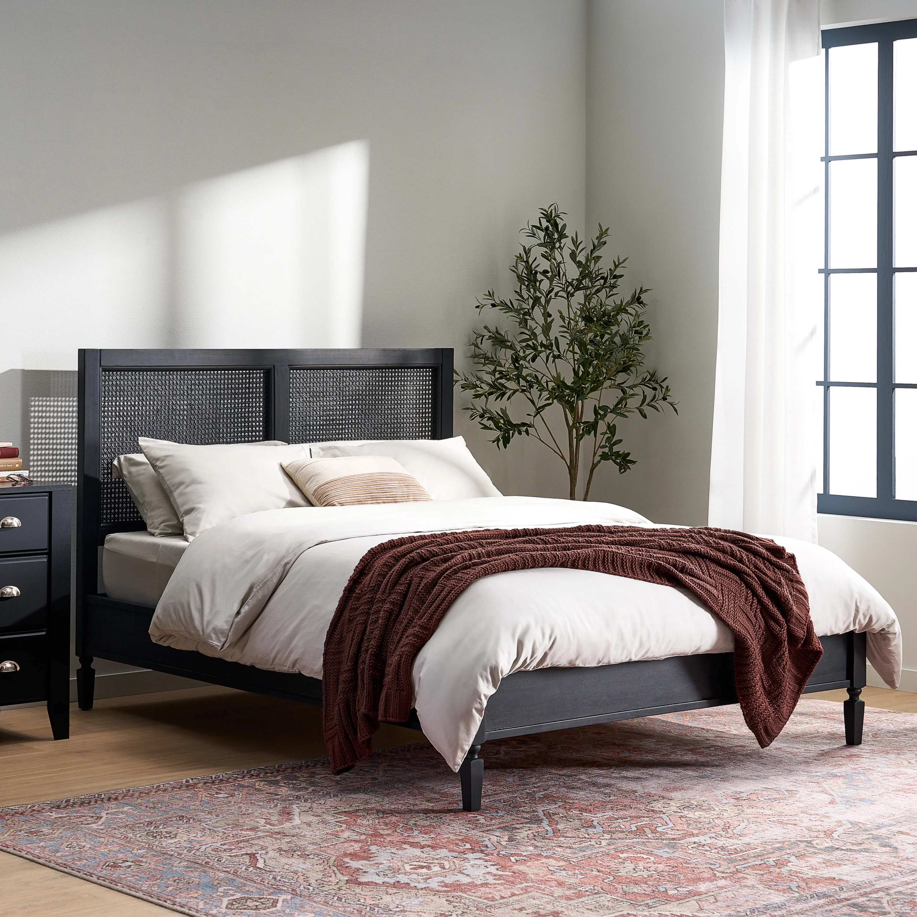 GDF Studio Mathena Rustic Acacia Wood and Rattan Queen Bed, Dark Gray