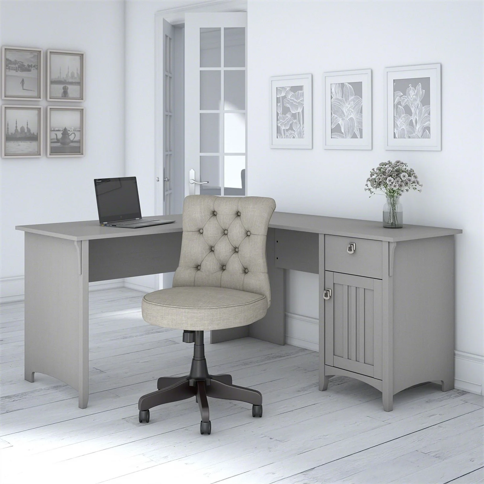 Pemberly Row Engineered Wood L-Shaped Desk and Chair Set in Cape Cod Gray
