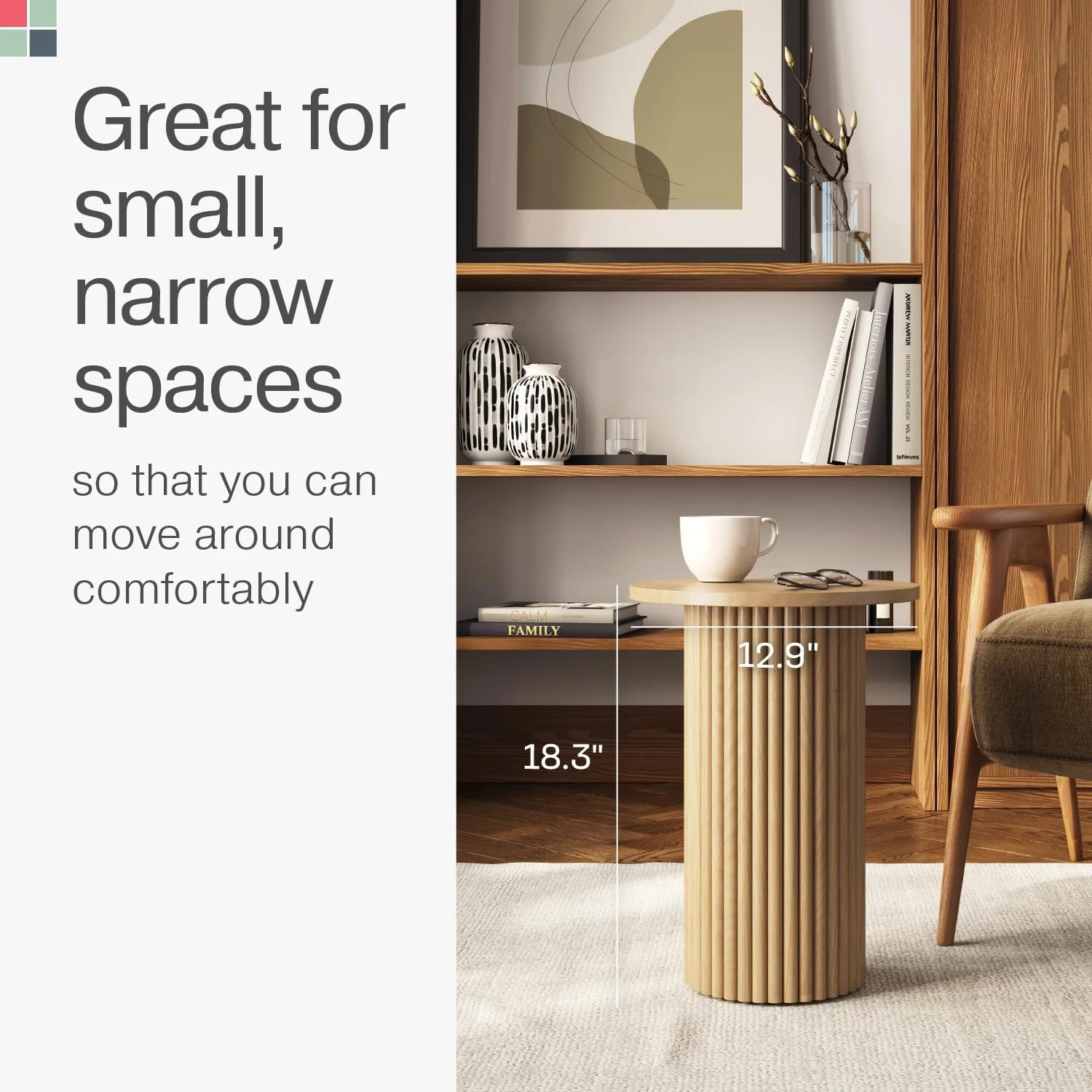 Round Fluted Accent Side Table - Pedestal Drink Table - Modern Home, Bedroom, and Living Room Furniture - Small Wooden Round End Table with a Solid Oak Base and Wood Veneer Top (Natural Oak Finish)