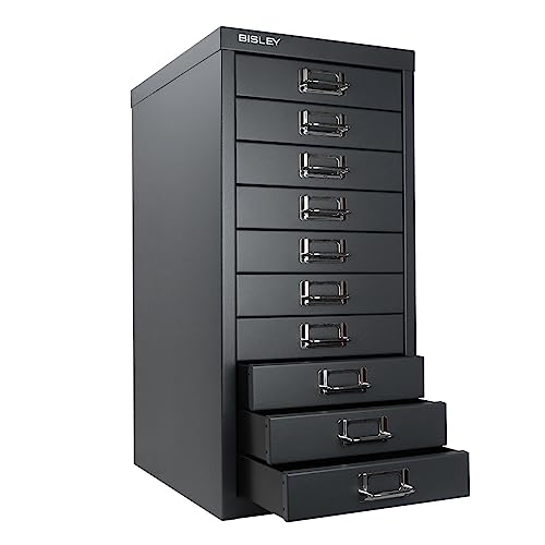 Bisley 10-Drawer Steel MultiDrawer Cabinet - Black, Chrome Pull Handles with Label Holders, Powder-Coated Steel, Removable Drawers, Fits Under Most Desks, Labels Included