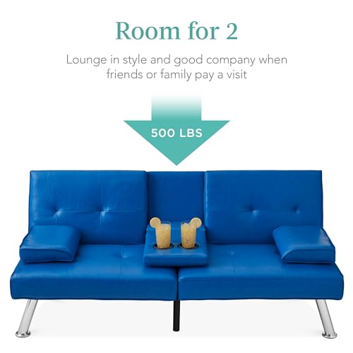Best Choice Products Faux Leather Upholstered Modern Convertible Futon, Adjustable Folding Sofa Bed, Guest Bed w/Removable Armrests - Blue