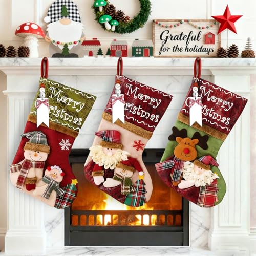 3 Pack Personalized Christmas Stockings Large,Custom Xmas Socks with Santa,Snowman,Reindeer Design for Fireplace Hanging Holiday Home Decor,18