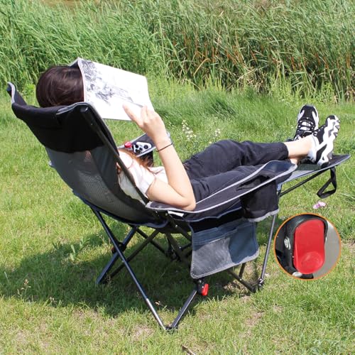 Reclining Camping Chair with Removable Footrest Lounge Chair with Headrest, Cotton Cushion, Portable Adjustable Folding Chairs