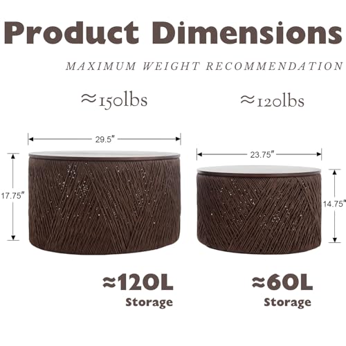 Large Round Coffee Table with Storage, Boho Hand-Woven Rattan Coffee Table Set of 2, Drum Circle End Table for Living Room, Bedroom, Small Space, No Assembly Required, Brown