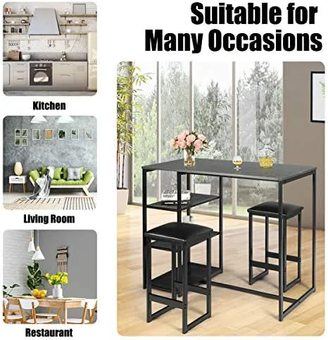 KHBIULIFE 3-Piece Dining Set  Compact 2 Chairs and Table Set  Kitchen Set with Rectangular Faux Marble  3 Metal  Shelves  Fashionable Simple Style  Kitchen Counter Height Table Set (Black