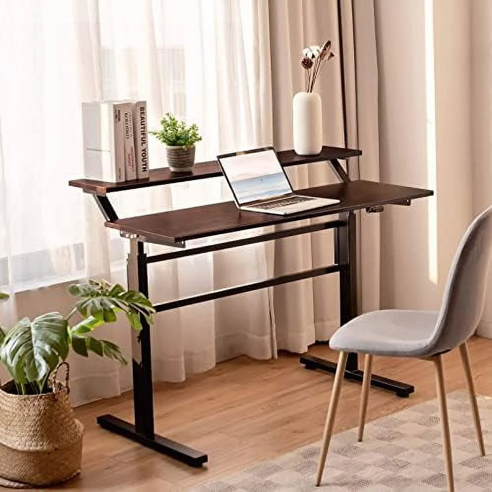 HJZBNONE Standing Desk  2-Tier Height Adjustable Sit to Standing Desk  Computer Desk Workstation with Monitor Stand & Foldable Crank Handle  Ergonomic Home Office Desk (Brown)