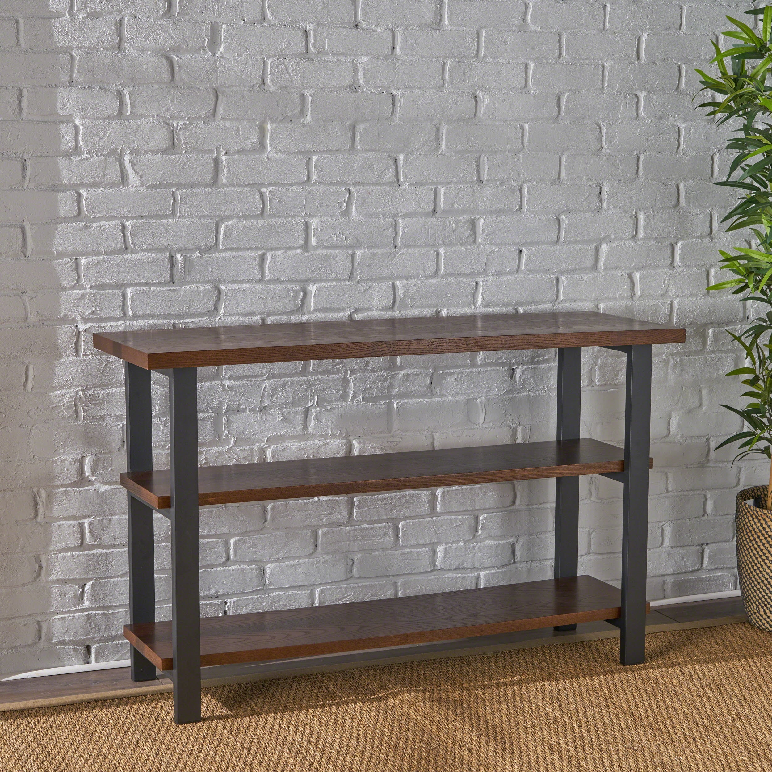 GDF Studio Tricou Modern Industrial Faux Wood 2 Shelf Bookcase, Dark Brown and Gun Metal