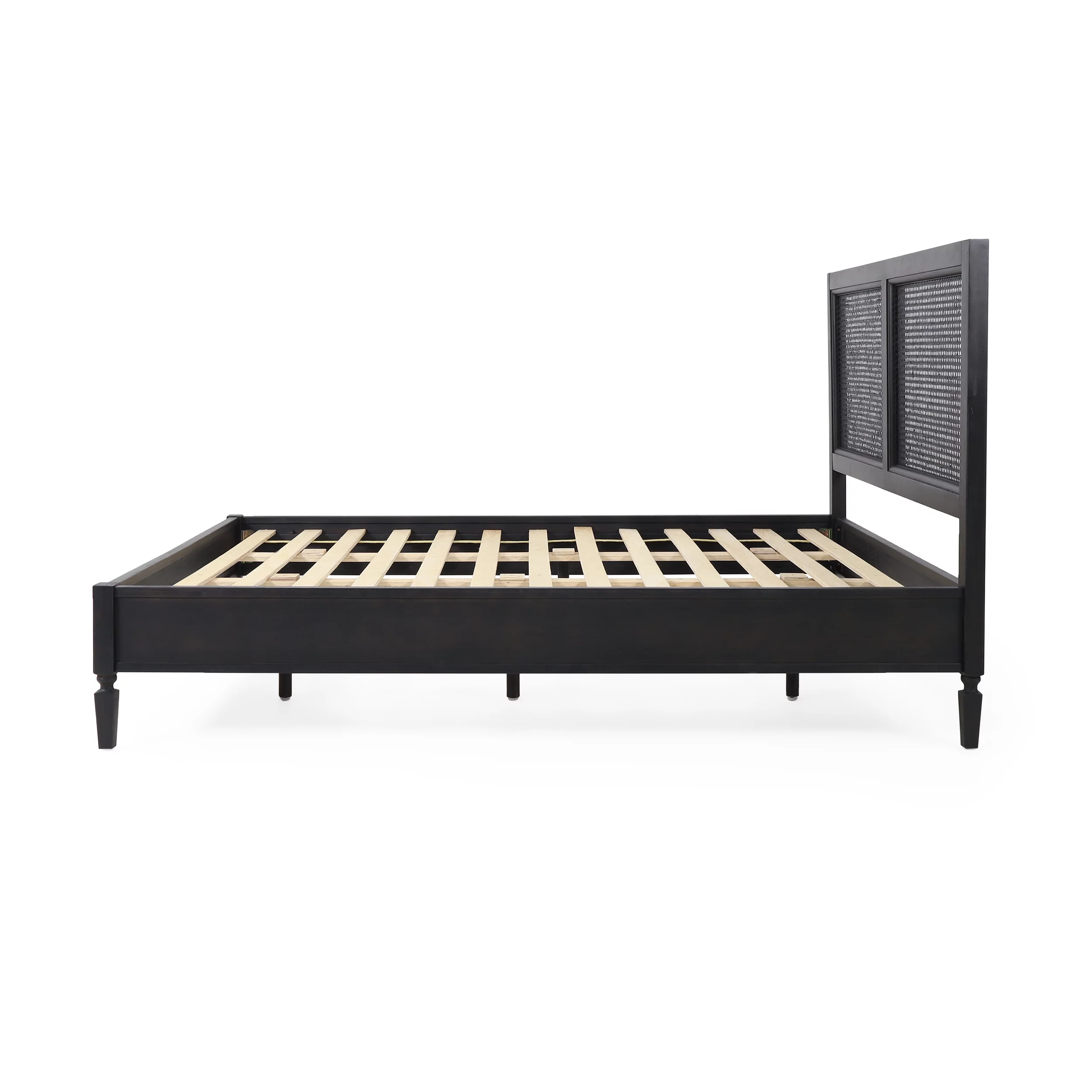 GDF Studio Mathena Rustic Acacia Wood and Rattan Queen Bed, Dark Gray