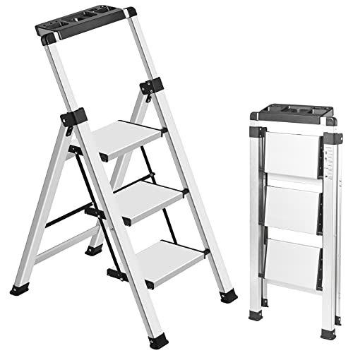 XinSunho 5 Step Ladder, Retractable Handgrip Folding Step Stool with Anti-Slip Wide Pedal, Aluminum Stool Ladders 5 Steps, 330lbs Safety Household Ladder