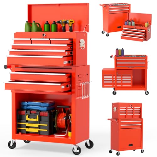 On Shine 8 Drawer Rolling Tool Chest, Large Capacity Rolling Tool Box with Wheels, Locking Mechanical Tool Chest, Portable Tool Box with Sliding Drawers,Metal Tool Box for Garage Workshop (Orange)