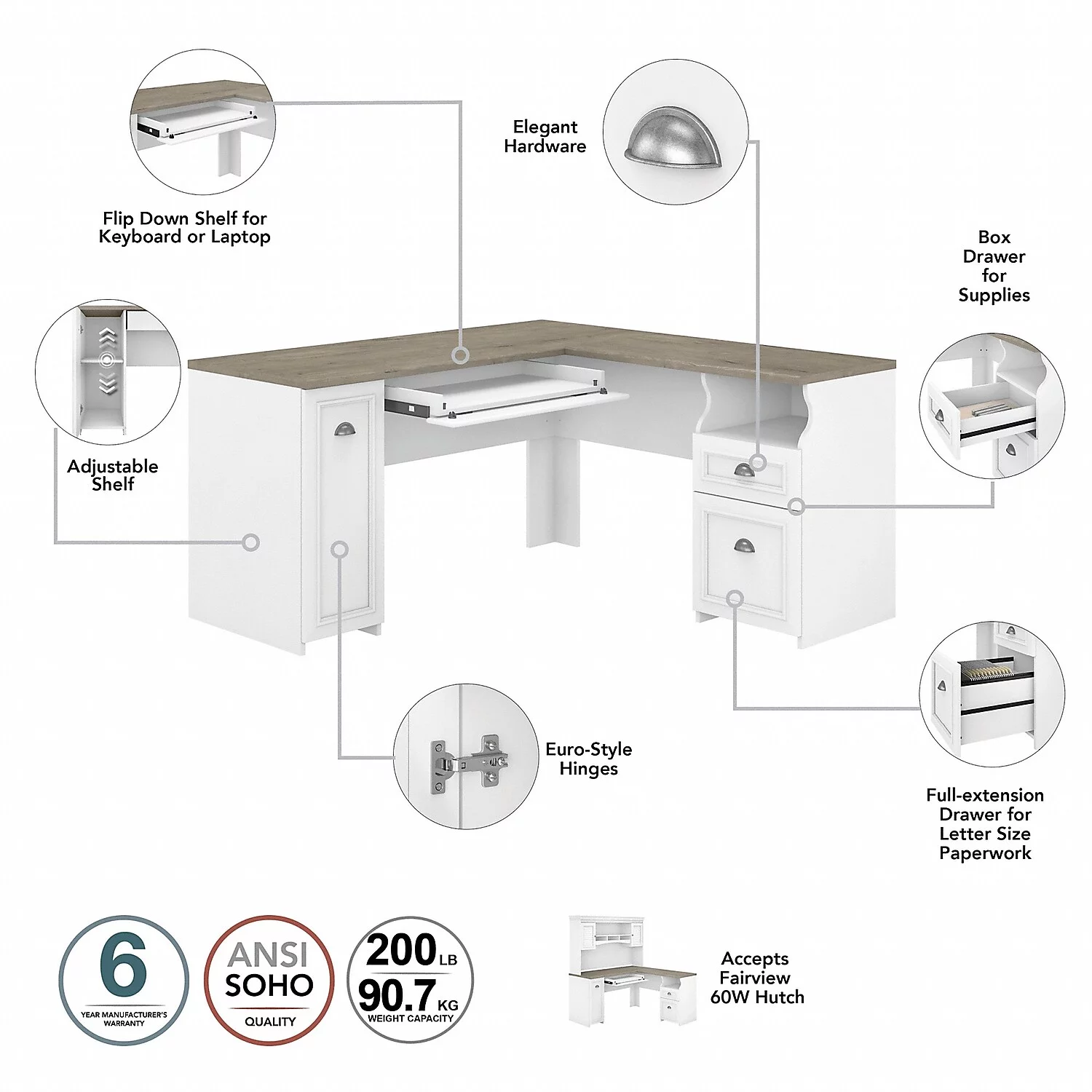 Fairview 60W L Shaped Desk with Bookcase in White and Gray - Engineered Wood