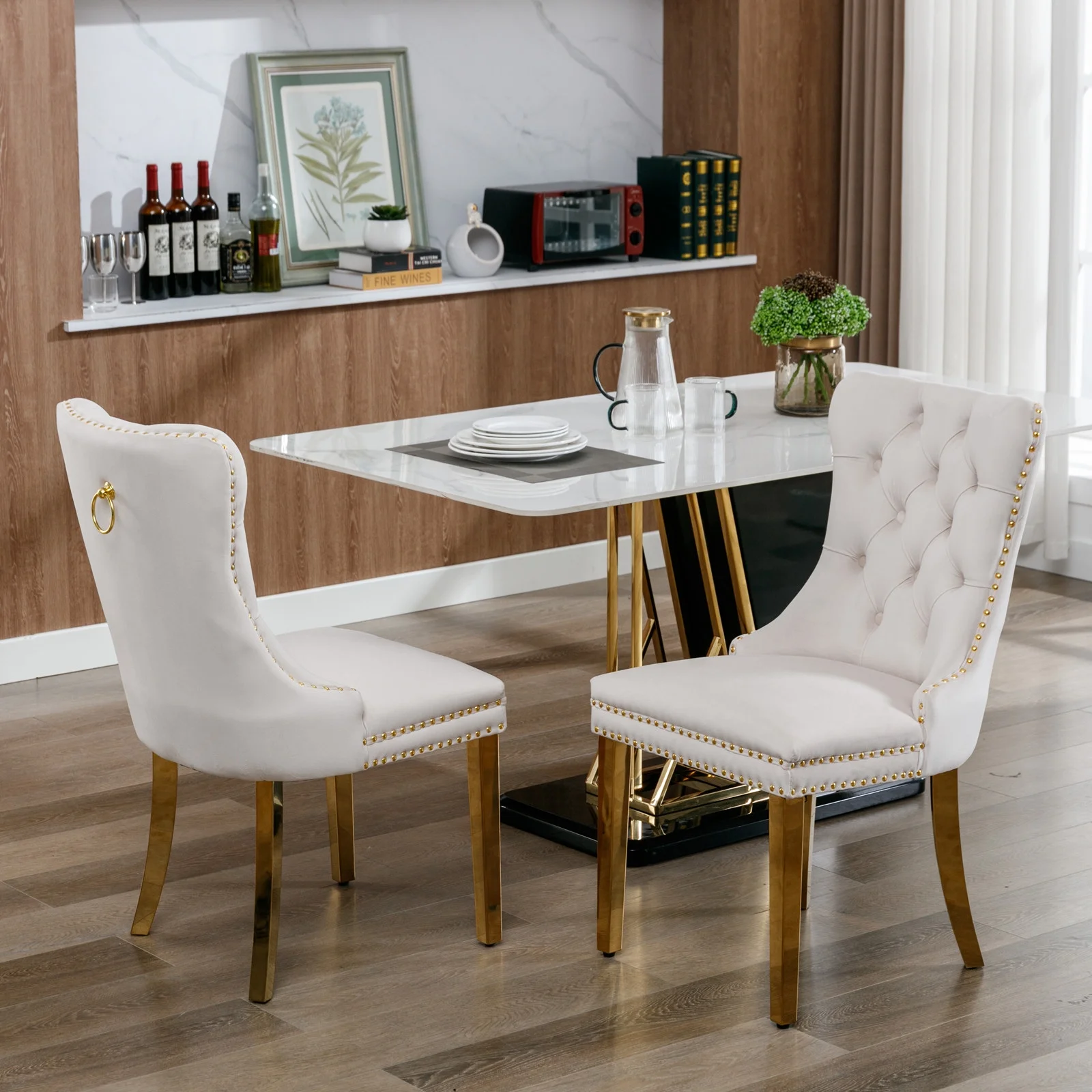 Glavbiku Modern High End Velvet Dining Chair Set of 2,Dining Room Rivets Chairs with Gold Legs,Beige