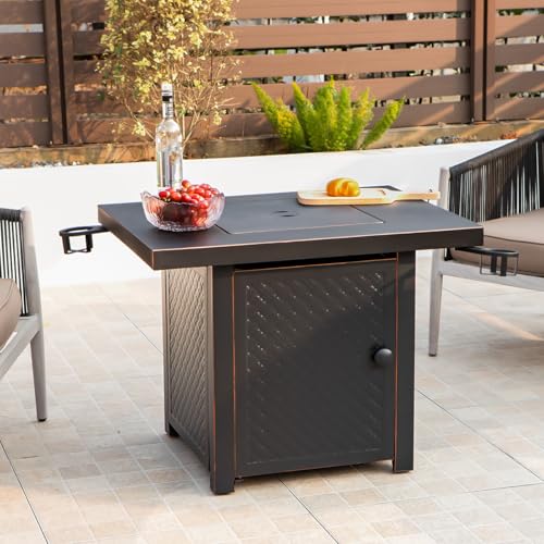 32'' Propane Fire Pit,50000 BTU Gas Firepit Table with 2 Drink Holders, Lid & Lava Rock,CSA Certified Outdoor Fire Pit Table for Dining or Party,Propane Firepits for Outside,Patio,Yard