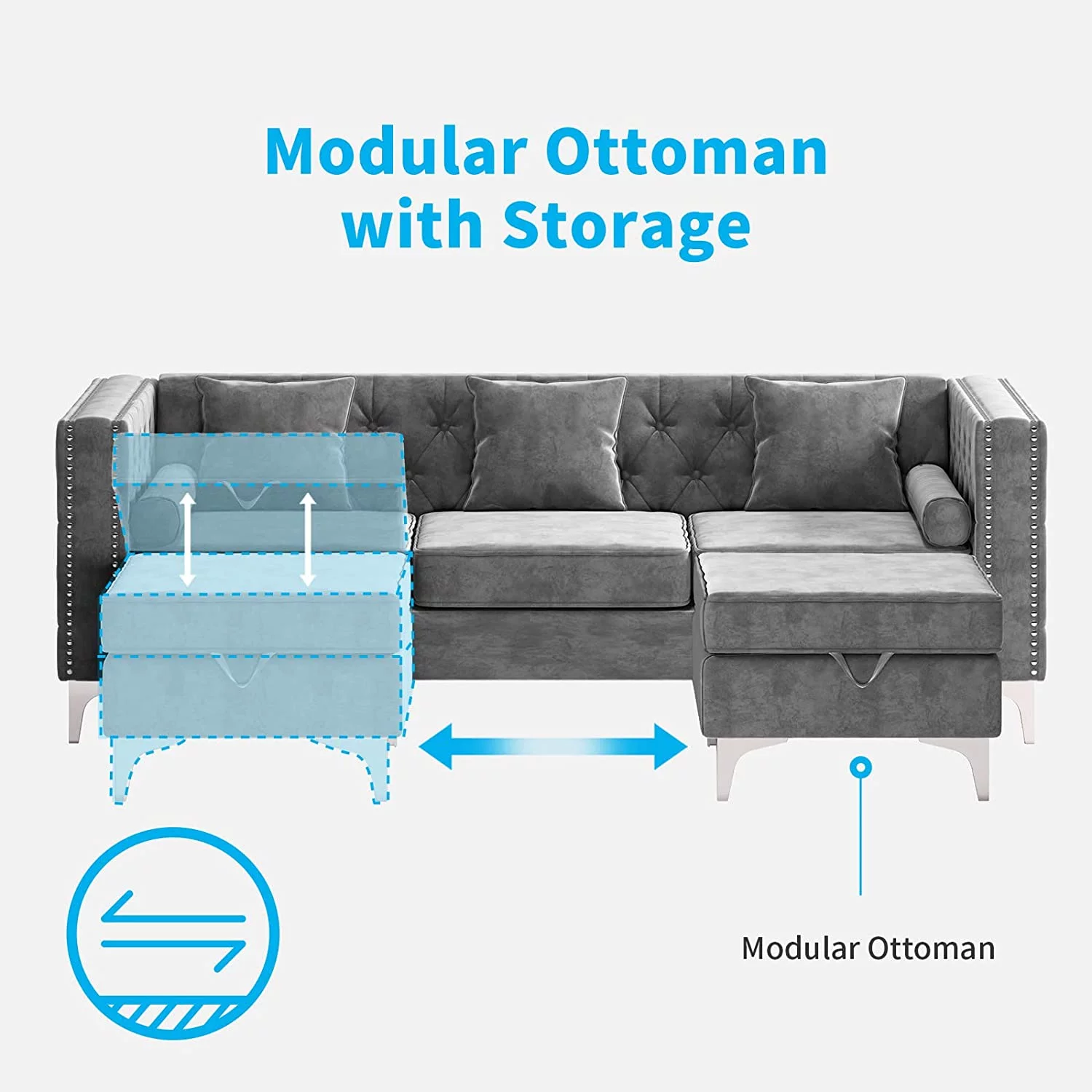 Mjkone Sectional Sofa with Chaise Lounge, Couches for Living Room, L-Shaped Couch with Storage Ottoman, Sectional Couch for Small Living Room, Apartment and Small Space, Velvet Grey