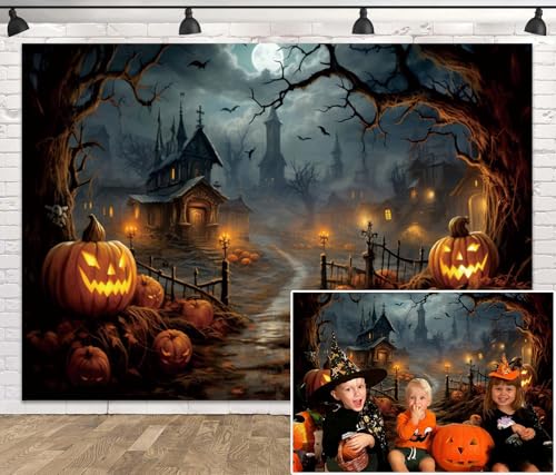 Leowefowa 10x8ft Vinyl Horror Halloween Night Backdrop Halloween Pumpkin Withered Tree Branches Haunted House Flying Bat Spooky Halloween Party Decorations Happy Halloween Background Studio Props