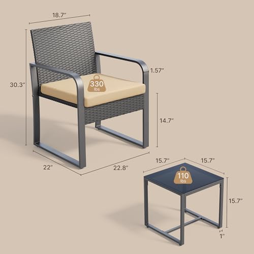 Gizoon 3 Piece Patio Bistro Set, Outdoor Black Wicker Furniture Sets, Modern Rattan Chair Conversation Sets with Coffee Table, for Yard, Garden, Balcony, Poolside, Grey