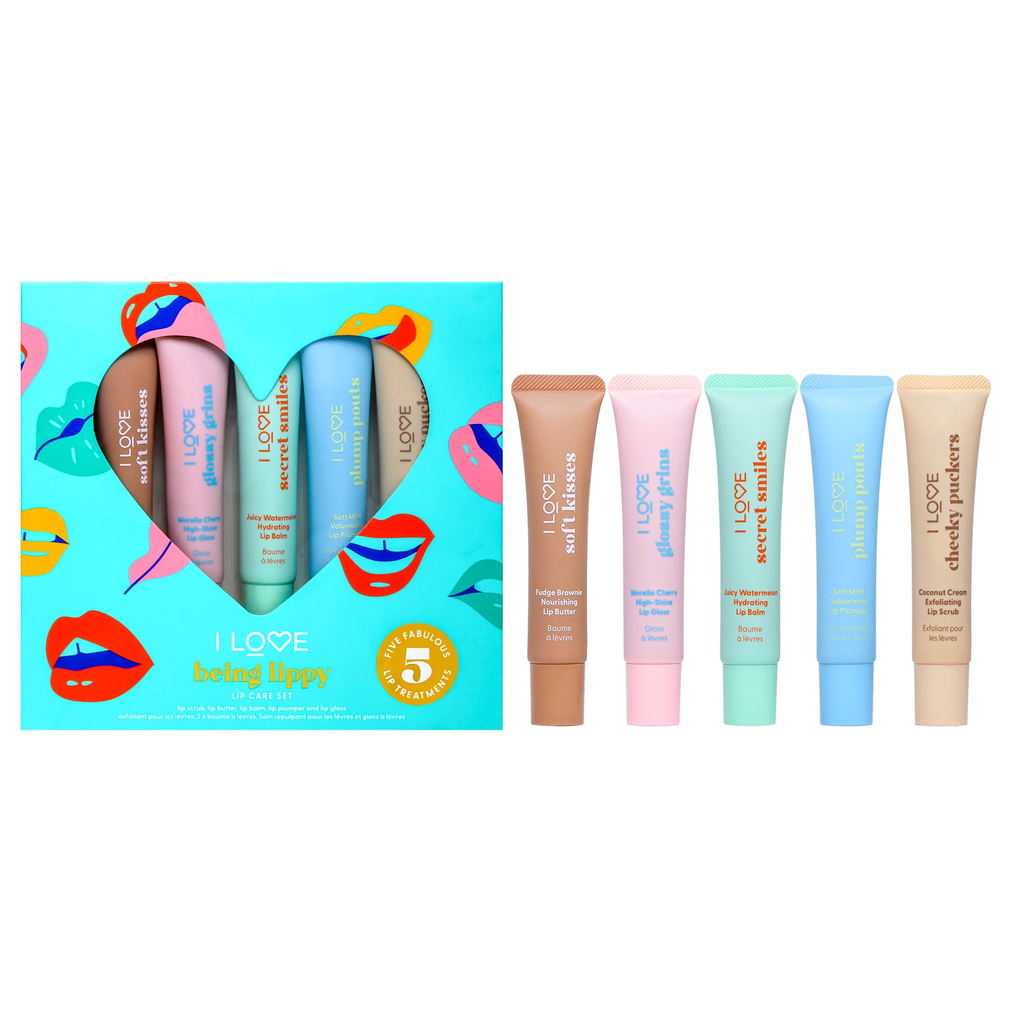 Being Lippy Lip Care Set by I Love Cosmetics for Women - 5 Pc 0.5oz Cheeky Puckers Coconut Cream Exfoliating Lip Scrub, 0.5oz Soft Kisses Fudge Brownie Nourishing Lip Butter, 0.5oz Secret Smile Juicy Watermelon Hydrating Lip Balm, 0.5oz Plump Pouts S
