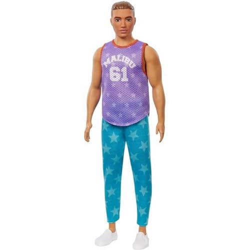 Barbie Ken Fashionistas Doll #165 with Sculpted Brown Hair Wearing Purple “Malibu” Top, Blue Starred Joggers & White Shoes, Toy for Kids 3 to 8 Years Old