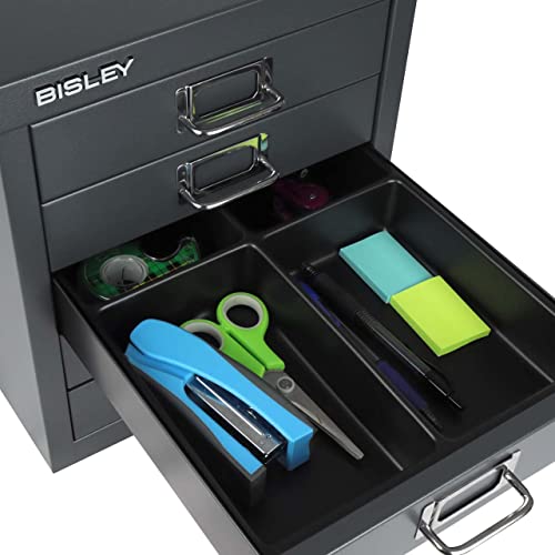 Bisley 10-Drawer Steel MultiDrawer Cabinet - Black, Chrome Pull Handles with Label Holders, Powder-Coated Steel, Removable Drawers, Fits Under Most Desks, Labels Included