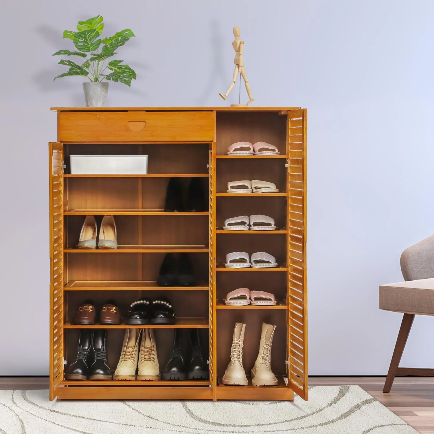 Bamboo Multi-Tier Shoe Storage Cabinet With Drawer & Shutter Door For Narrow Closet, Hallway, Living Room - Entryway Freestanding Shoe Cabinet Organizer Storage Rack Organizer Rack (Brown)