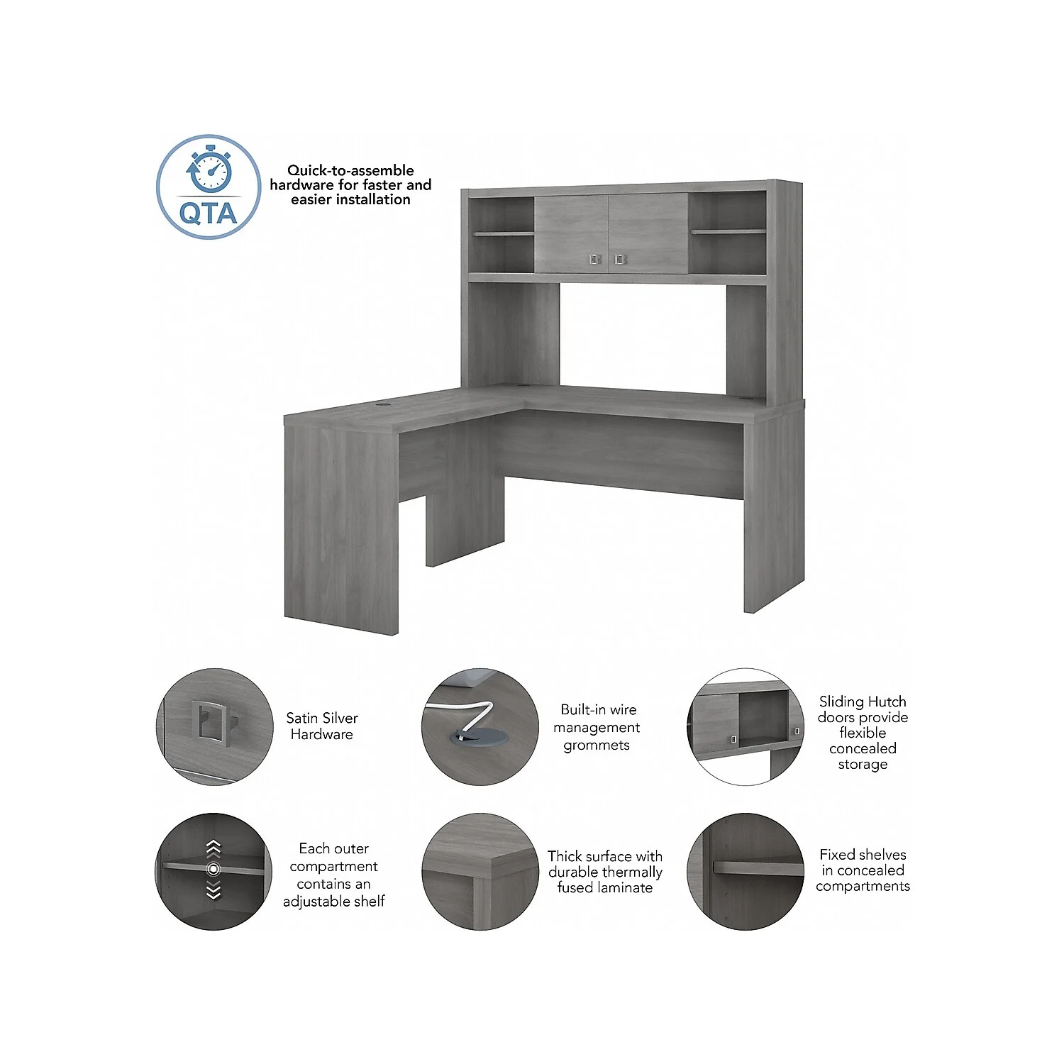 Echo L Shaped Desk with Hutch in Modern Gray - Engineered Wood