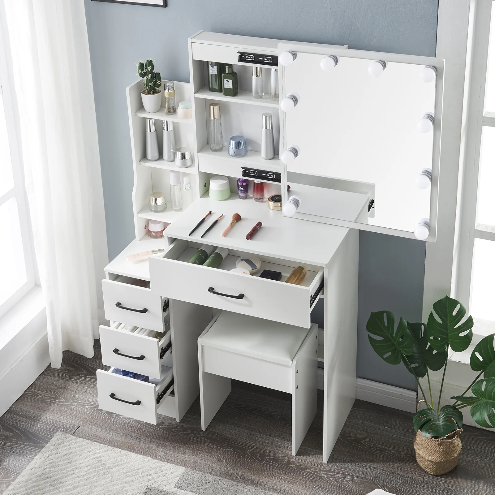 Yamissi Vanity Desk with Lights Makeup Table with Slidable Mirror Modern Dressing Table with Drawers & Cabinet, White