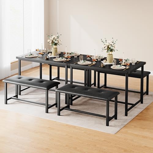 GarveeHome Dining Table Set for 4, Kitchen Table with 2 Upholstered Benches, Wood Kitchen Dining Room Set, for Small Space, Apartment, Home, Dinner, Retro Gray
