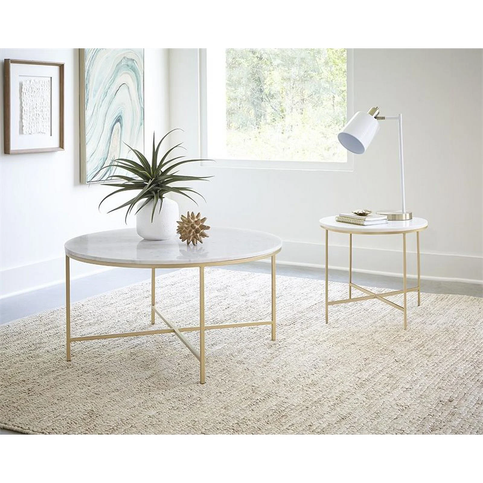 Pemberly Row Round Marble Top with X-Cross Base End Table in White and Gold