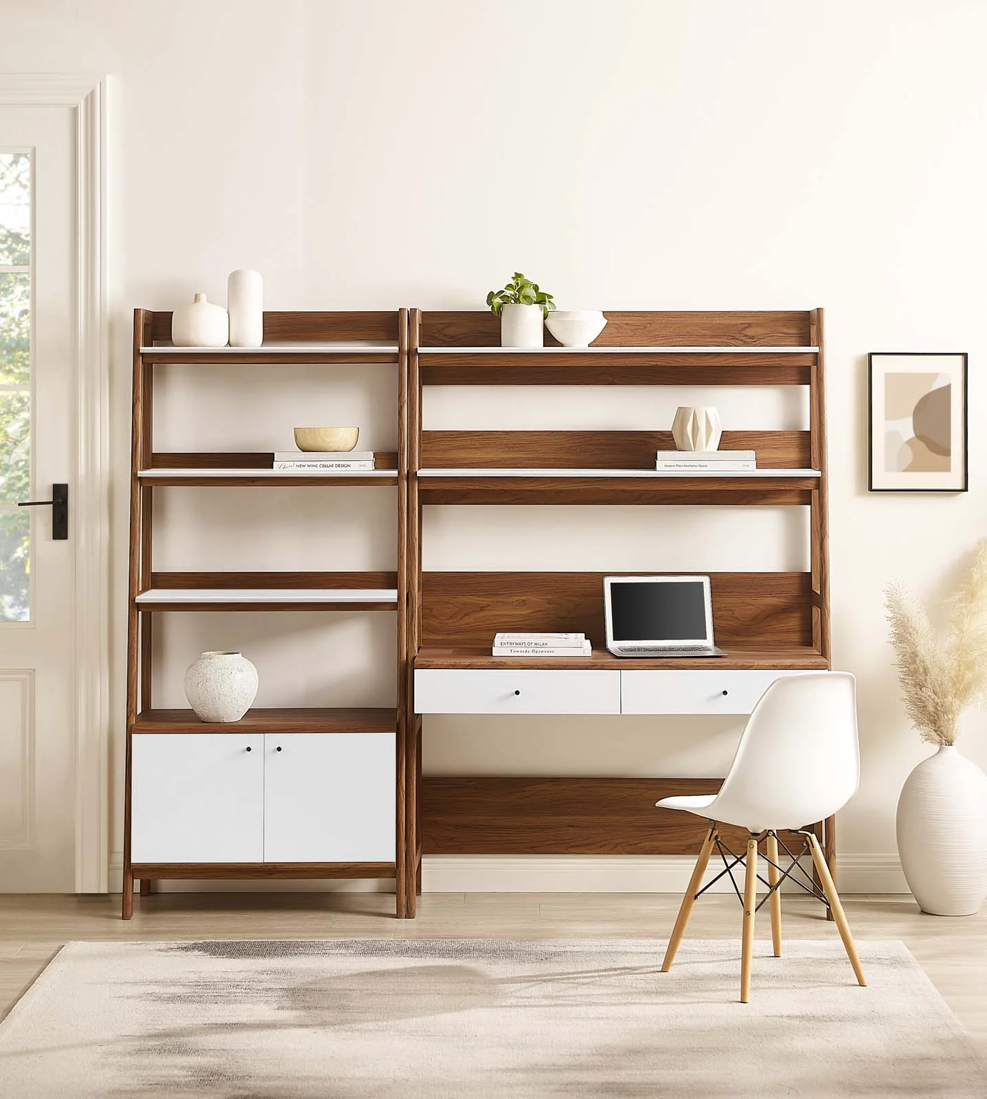 Modway Bixby 2-Piece Wood Office Desk and Bookshelf in Walnut White