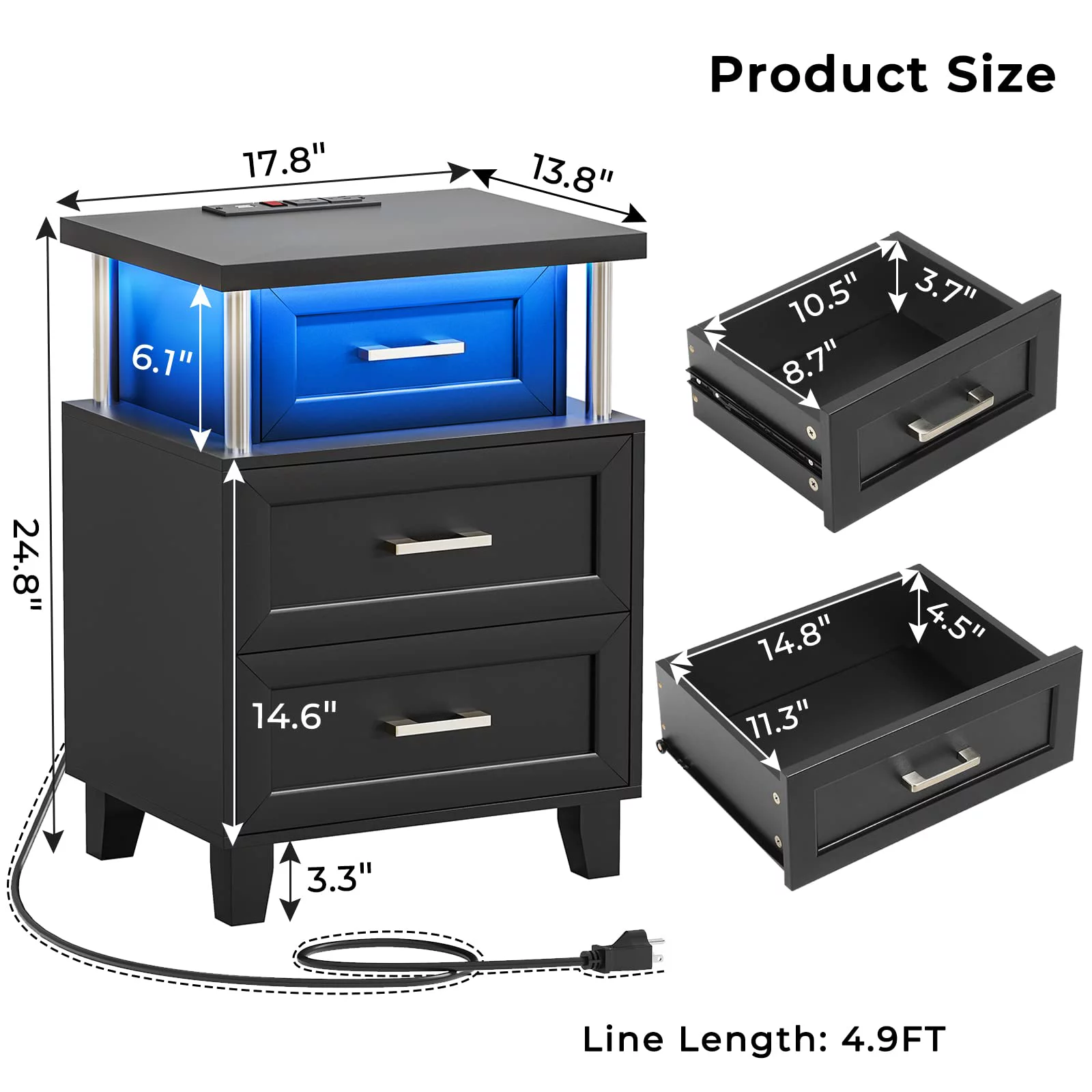 LED Nightstand Set of 2 with Charging Station, Modern End Side Table with 3 Drawer, Black