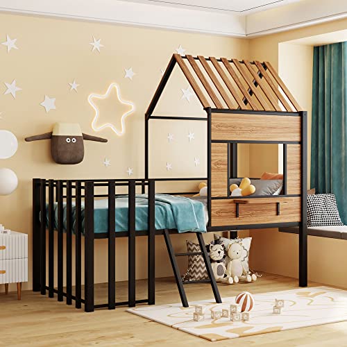 Harper & Bright Designs Kids House Beds Low Loft Bed Frame with Roof, Window, Guardrail and Ladder, Metal Twin Size Loft Bed for Kids Teens Girls Boys (Twin, White)
