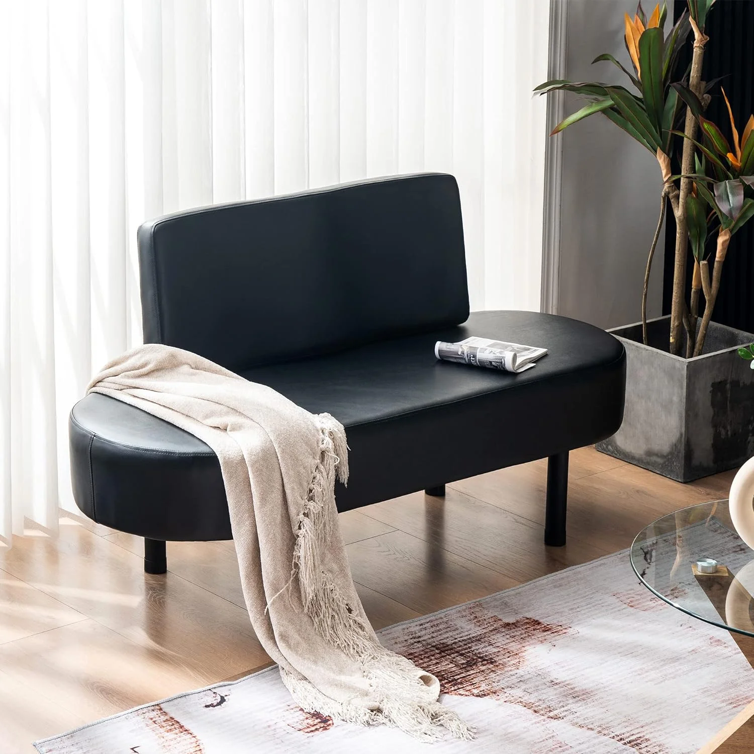 Waiting Room Chairs Reception Settee Bench, Leather Upholstered Dining Bench With Backrest, Office Salon Furniture W702 (Black)