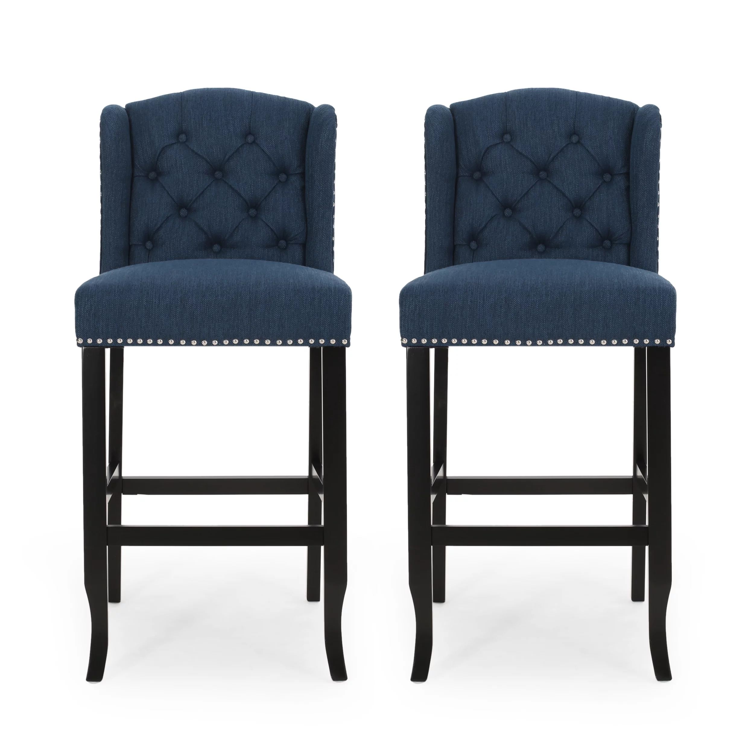Noble House Christopher Wingback Barstool, Set of 2, Navy Blue, Dark Brown