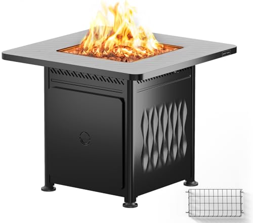 EAST OAK 28'' Propane Fire Pit Table, 50,000 BTU Steel Gas FirePit for Outdoor, Outside Patio Deck and Garden, CSA Certified Fire Table with Magnetic Lid, Cover-Storage Basket and Lava Rock , Black
