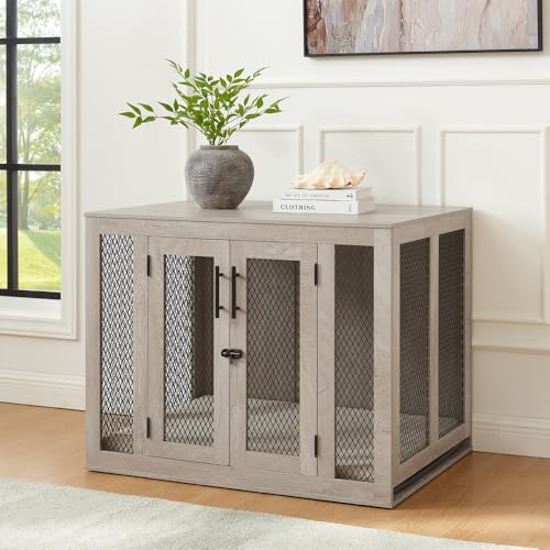 unipaws Furniture Style Dog Crate with Cushion and Tray, Mesh Dog Kennels with Double Doors, End Table Dog House, Medium Crate Indoor Use, Chew-Proof
