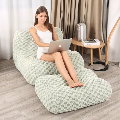 Bean Bag Chair with Footstool, Comfy Reading Sofa Chair for Adults, Modern Floor Sofa for Livingroom, Bedroom, Green