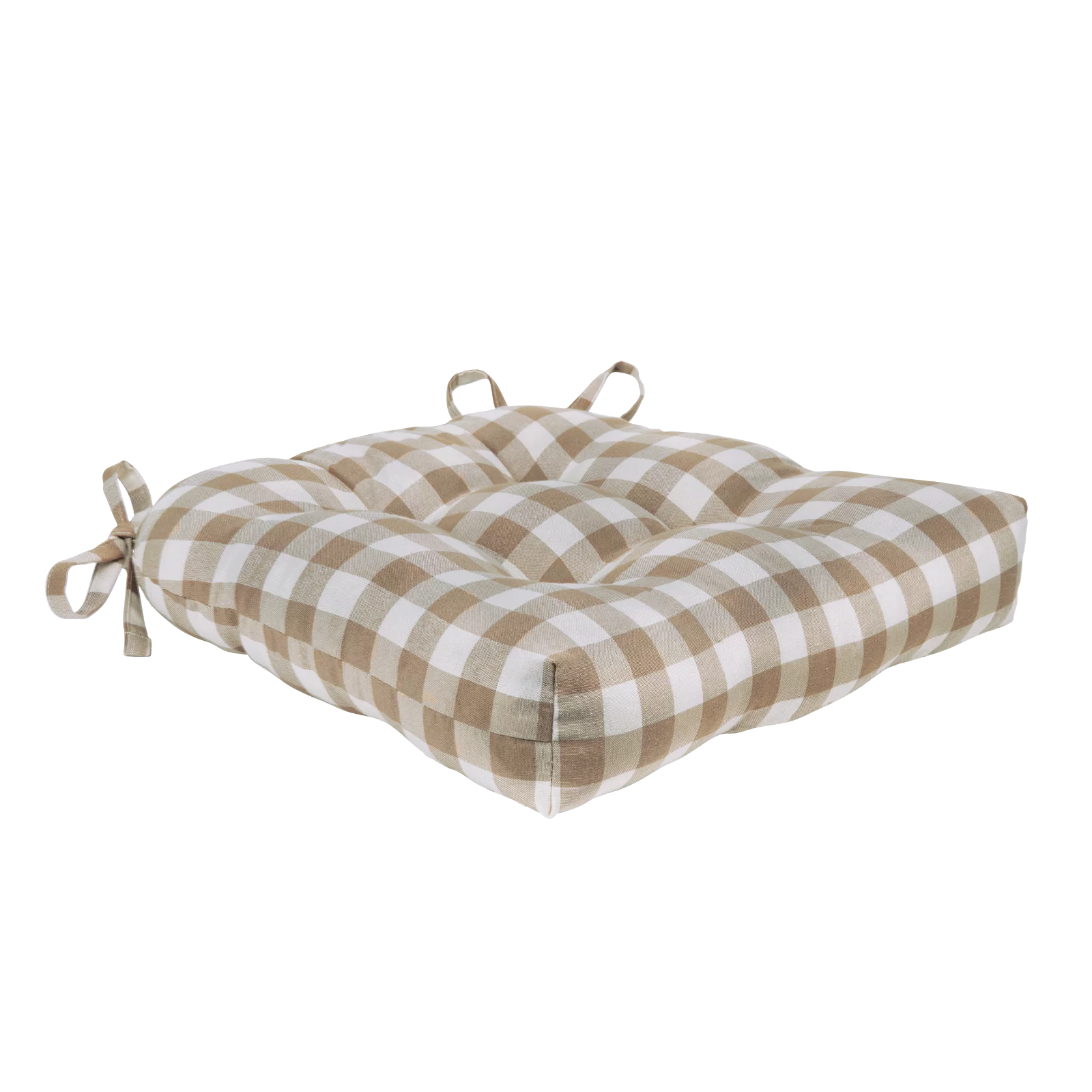 Kate Aurora Country Living Plush Gingham Plaid Checkered Country Farmhouse Chair Cushion/Pad With Tear Proof Ties - Linen/Beige