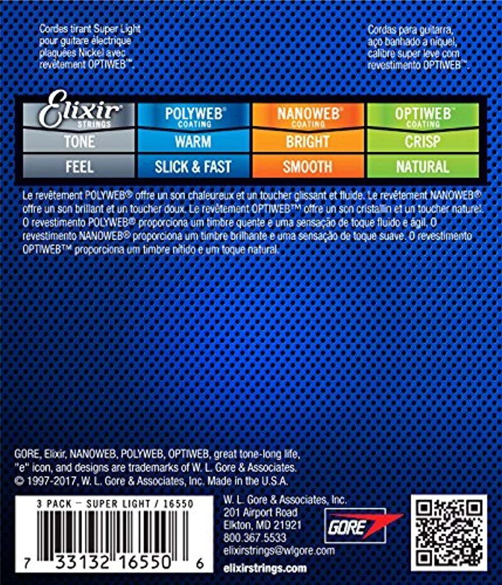 Elixir Strings 16550 Guitar Strings with OPTIWEB Coating, 3 Pack, Super Light (.009-.042)