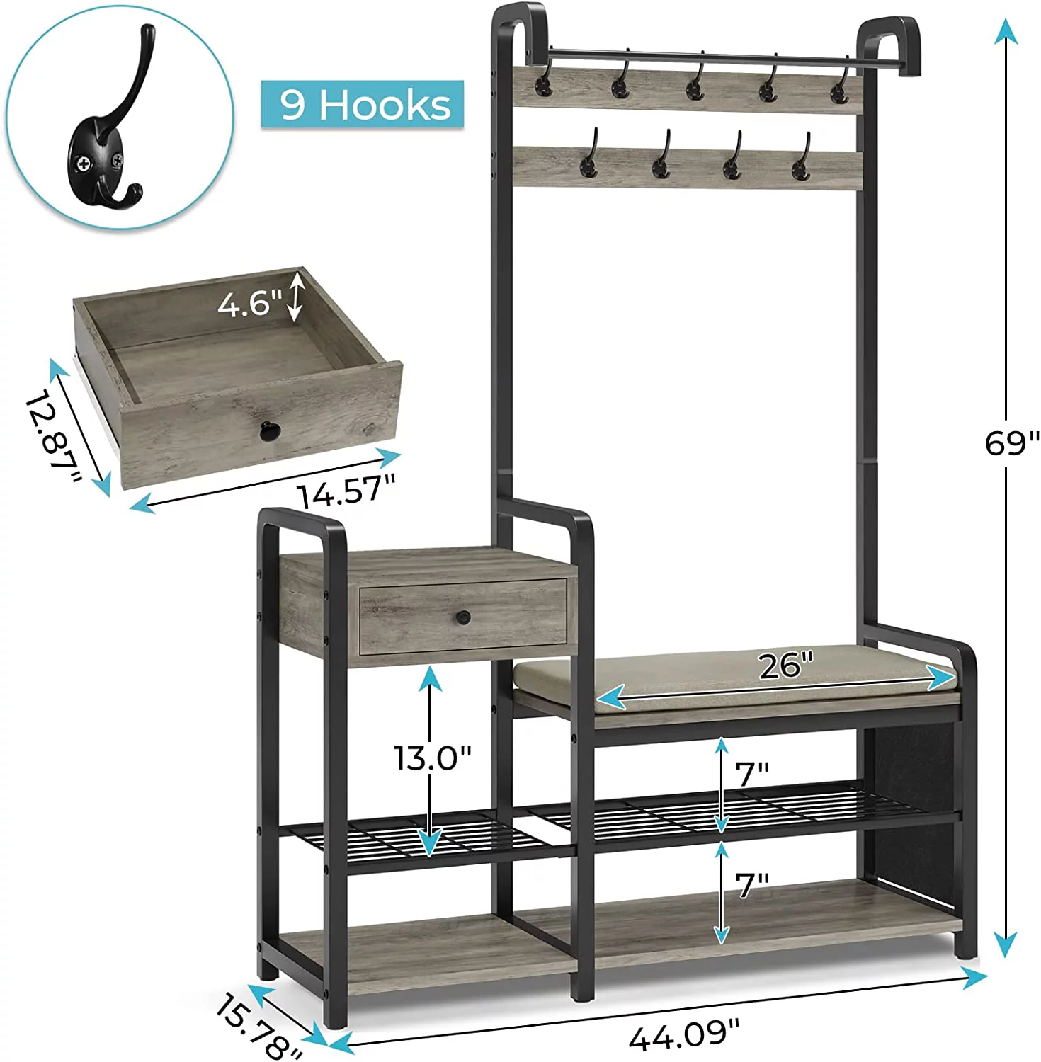 Hall Tree, Entryway Bench, Shoe Rack for Entryway, Coat Rack Furniture with Storage, Soft Cushion and Hanging Rod, Oak Grey