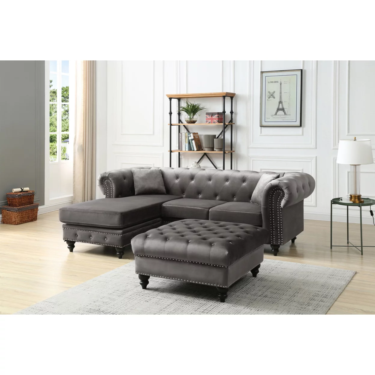 Passion Furniture Nola 98 in. Dark Gray Velvet L-Shape 3-Seater Sofa with 2-Throw Pillow