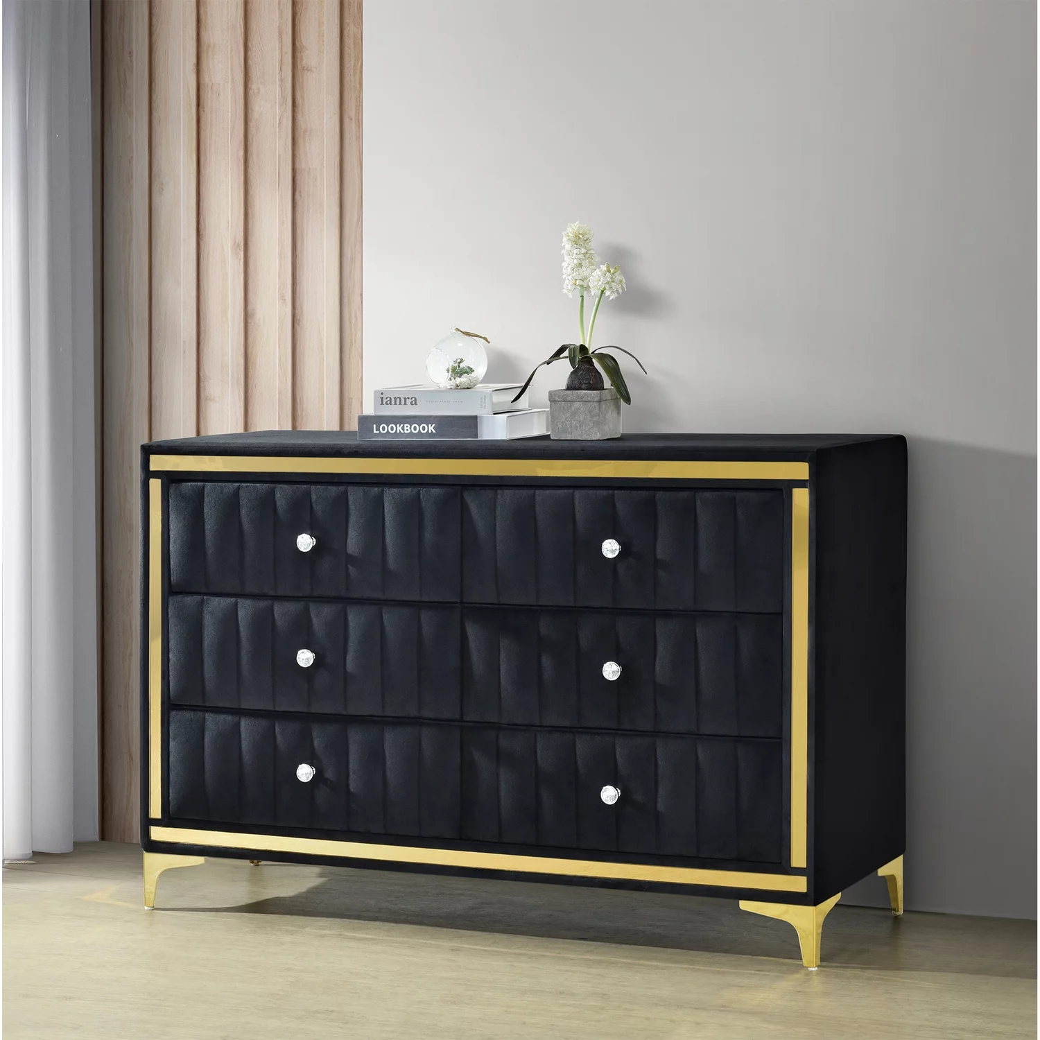 Better Home Products Velvet 6 Drawer Dresser with Gold Legs and Trim