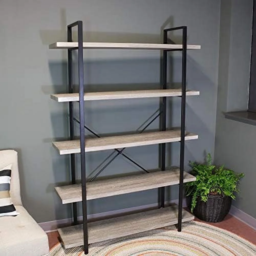 YPZBBOOM 5-Tier Industrial Style Bookshelf with Open Shelves and Veneer Finish - North American Teak