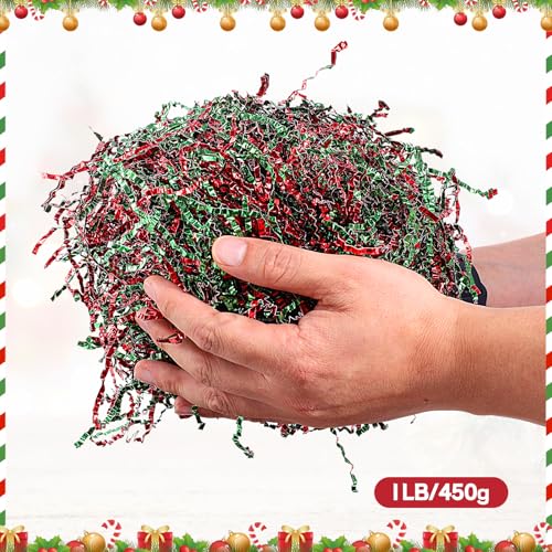 woric 2LB Christmas Crinkle Paper Filler, Red Green Crinkle Cut Paper with Various Christmas Confetti Shred Filler for Gift Baskets Filling Gift Wrapping