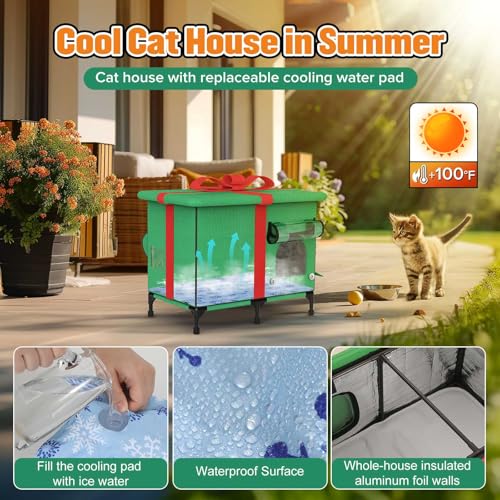 Outdoor Cat House, Weatherproof and Insulated Outside Cat Shelter with Heated Pad and Cooling Pad(4 Seasons Universal),Gift Box for Cats.(Medium)