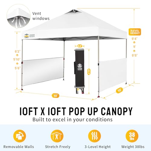 CROWN SHADES 10x10 Pop up Canopy Tent Instant Canopy with 150D Silver Coated Fabric Including 2 Half Sidewalls, 4 Ropes, 8 Stakes, 4 Weight Bags, STO 'N Go Bag, Grid Grey
