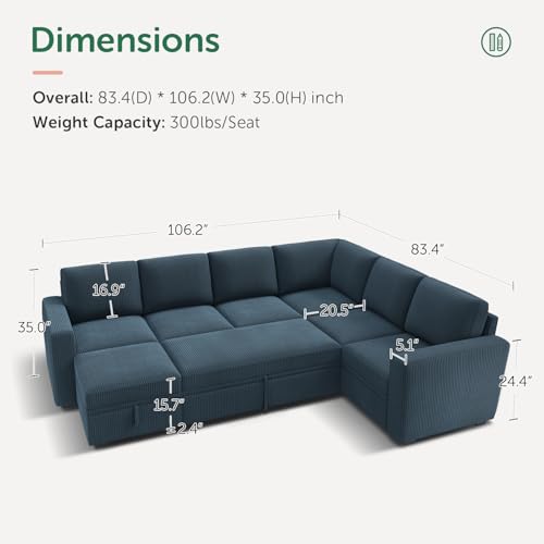 HONBAY Modular Sectional Sleeper Sofa with Pull Out Bed, Corduroy L Shaped Couch with Storage Seats, Convertible Sectional Couches for Living Room, Dark Grey