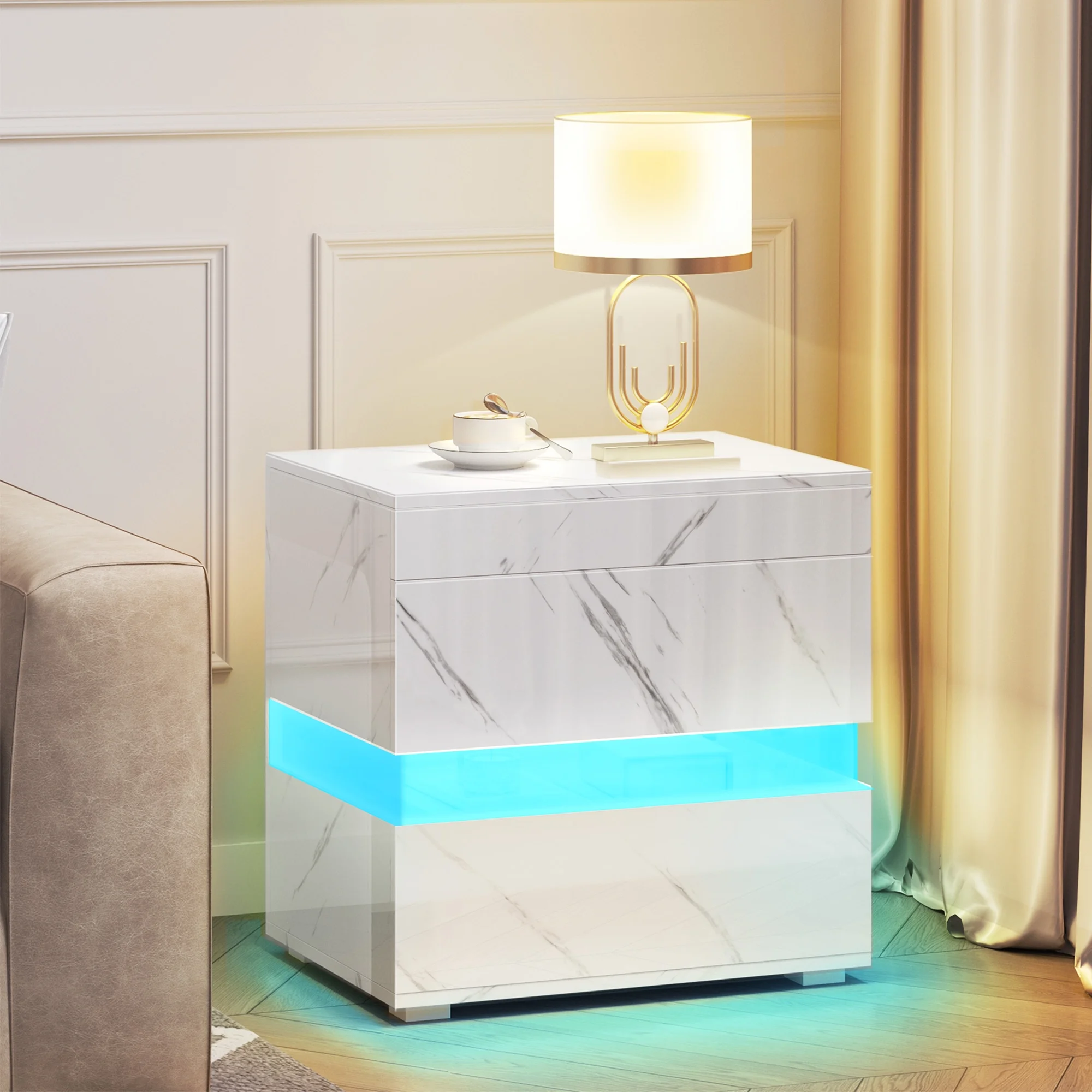 Dextrus High Gloss LED Nightstand, Acrylic Bedside Table with 3 Drawers for Bedroom Living Room, Marble White