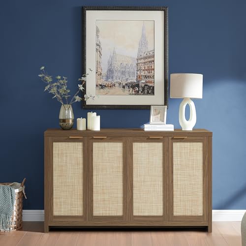 Hampstead Rattan 4-Door Storage Sideboard Cabinets with Adjustable Shelves, Boho Accent Buffet Cupboard Console for Kitchen, Living Room, and Hallway