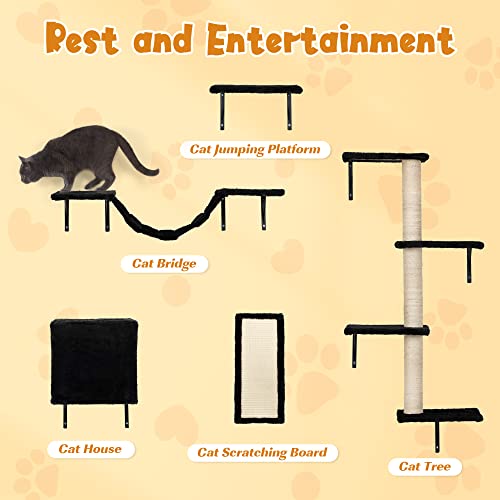 5 Pcs Wall-Mounted Cat Climber Set, Wood Indoor Cat Shelves with Perches, Ladder, Cat Condo House, Scratching Board and Cat Tree, Wall Shelves Furniture (Beige)