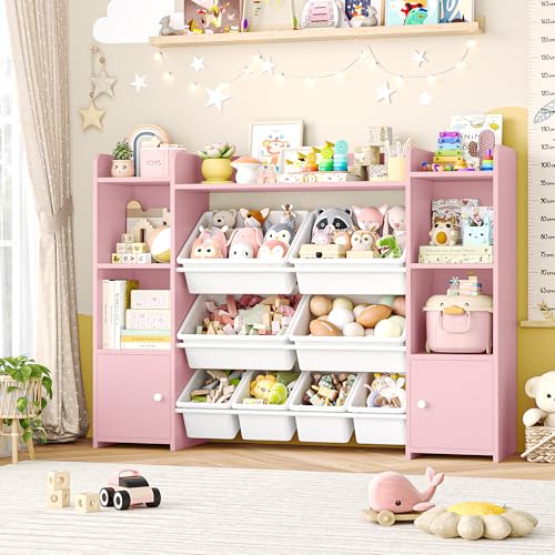 FOTOSOK 55''Large Toy Storage Organizer with 8 Toy Bins, Toy Organizers and Storage with Shelf and 6 Storage Cubbies, Bookshelf for Kids, Playroom Organization and Storage Bins, Pink